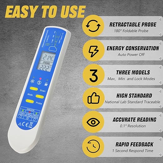AMTAST Instant Read Thermometer Waterproof Digital Meat Thermometer for Food with Bright LCD Screen 2 in 1 Infrared Thermograph with Meat Probe for BBQ Grilling Cooking Baking Kitchen (Model AMT206)