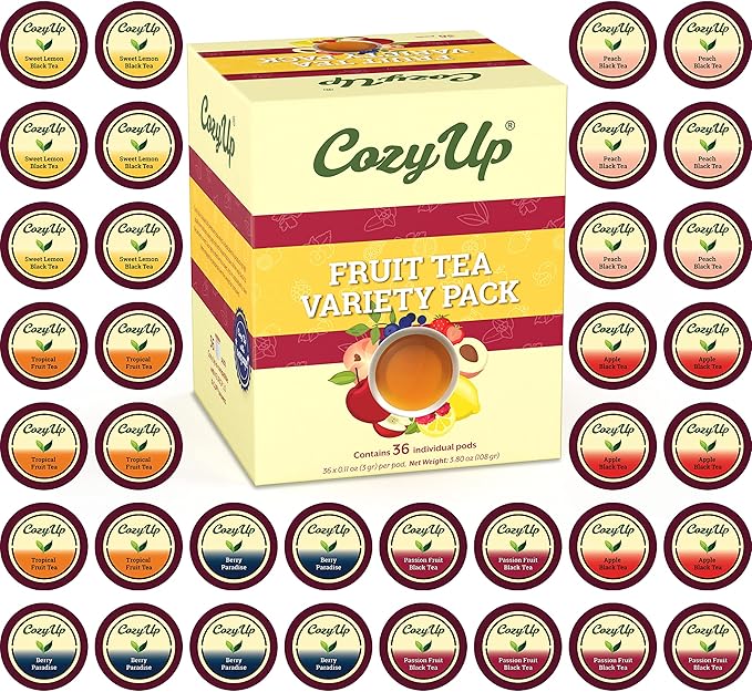 Cozy Up Iced Sweet Fruit Black Tea K-Cup Variety Pack, 36 Count, Guilt-Free Zero Calorie Sweetness - Compatible with Keurig - Lemon, Tropical, Berry, Passion Fruit, Apple & Peach - Single Serve Pods for Brew Over Ice