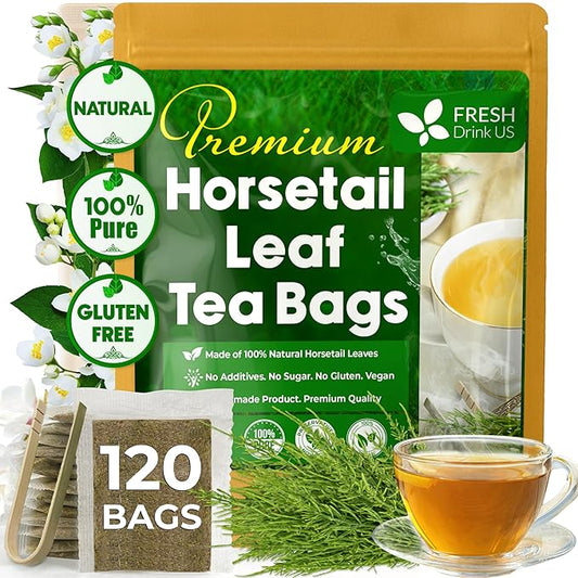 FreshDrinkUS, Premium 120 Horsetail Leaf Tea Bags, 100% Natural & Pure from Horsetail Loose Leaves Herbal Tea. Made with Natural Material Tea Bags. No Sugar, No Caffeine, No Gluten, Vegan.