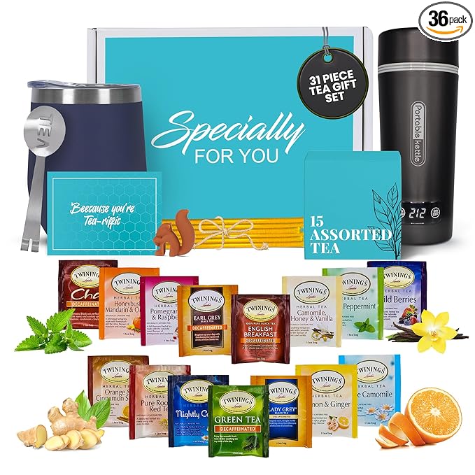 Modern Elegance Tea Set with Portable Kettle – 31-Piece Collection Featuring an Insulated Mug, Decaf Teas, Honey Sticks & Accessories (Decaffeinated)