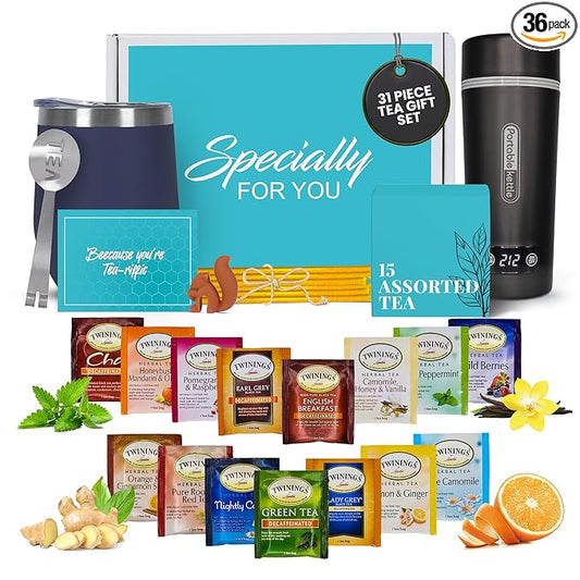 Modern Elegance Tea Set with Portable Kettle – 31-Piece Collection Featuring an Insulated Mug, Decaf Teas, Honey Sticks & Accessories (Decaffeinated)