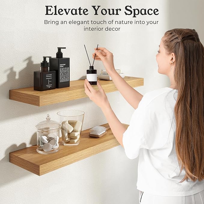 Floating Shelves for Wall, 7.9" Deep Wall Mounted Wood Shelves for Bathroom, Bedroom, Living Room, Kitchen, Hanging Shelf for Books/Storage/Room Decor (Oak, 16")