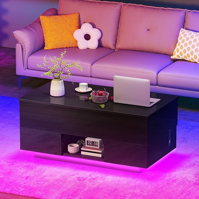 YITAHOME LED Lift Top Coffee Tables for Living Room with Power Outlets Charging Station, Modern Coffee Table with Storage 2 Drawers & Open Shelfs Rectangular Small Center Cocktail Table, Glossy Black