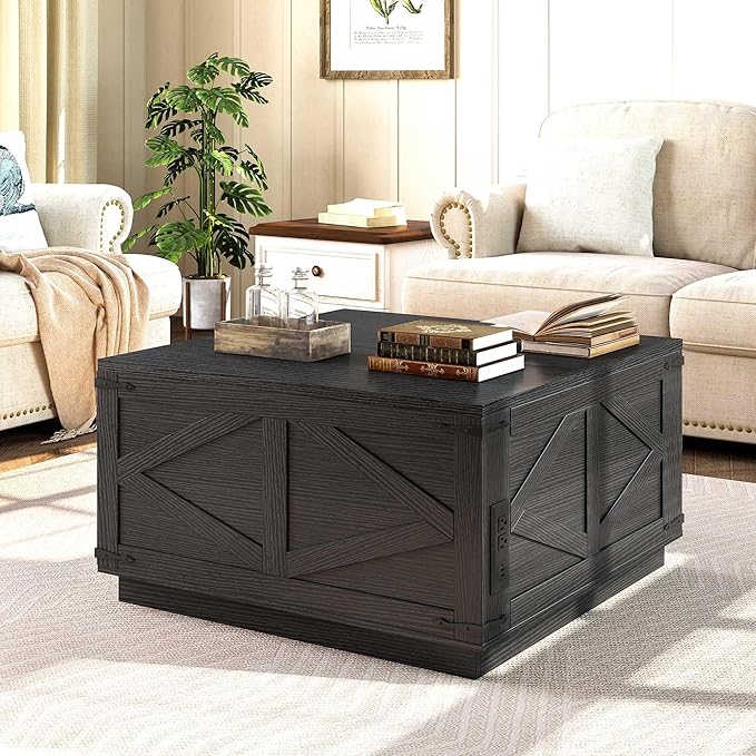 Farmhouse Lift Top Coffee Table, Square Wood Center Table with LED Lighting, USB-C Charging Station, and Hidden Storage Compartment - Rustic Black Living Room Furniture
