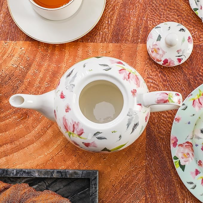 30oz Porcelain Teapot, Floral Design Ceramic Tea Pot for Loose Leaf & Bagged Tea, Classic 3-4 Cups Teapot for Daily Use & Special Occasions, Dishwasher Safe