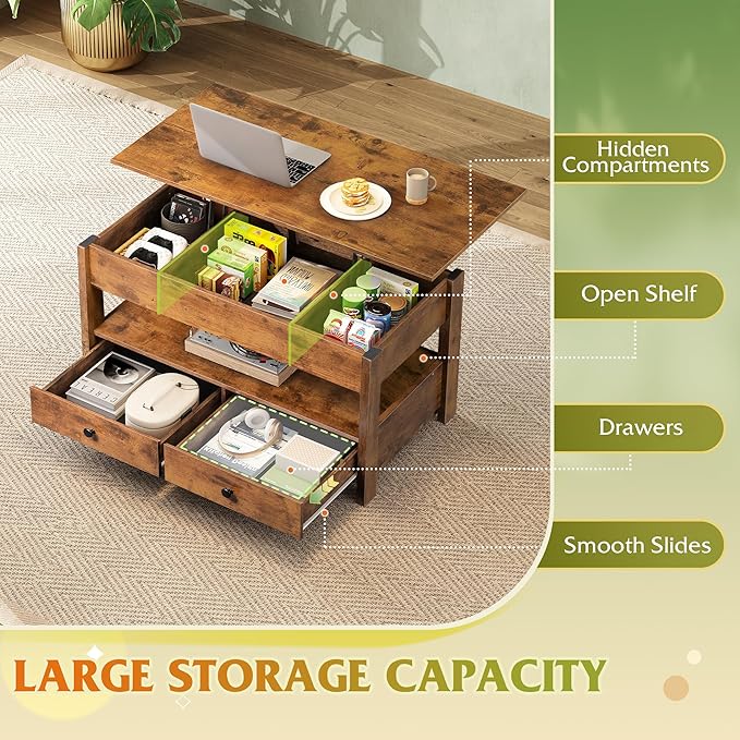 WLIVE Coffee Table, Lift Top Coffee Table with 2 Drawers, Large Storage and Open Shelf, Lift Tabletop for Living Room, Rustic Brown