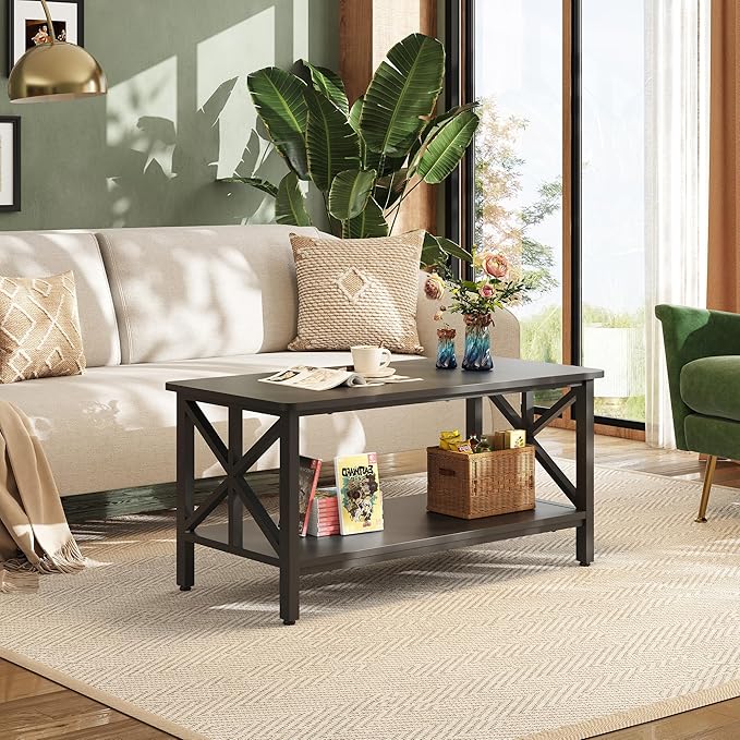 WLIVE Coffee Table for Living Room, 39" Modern 2-Tier Center Table with Round Corners, Storage Shelf, Farmhouse Style Small Coffee Table with Metal Frame, Black