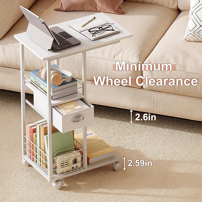 Rolling Side Table with Storage Drawer, White Bedside Table with Wheels, TV Tray for Sofa, Portable Desk on Wheels, Modern Night Stand, Overbed Table for Bedroom, C Shaped End Tables Living Room