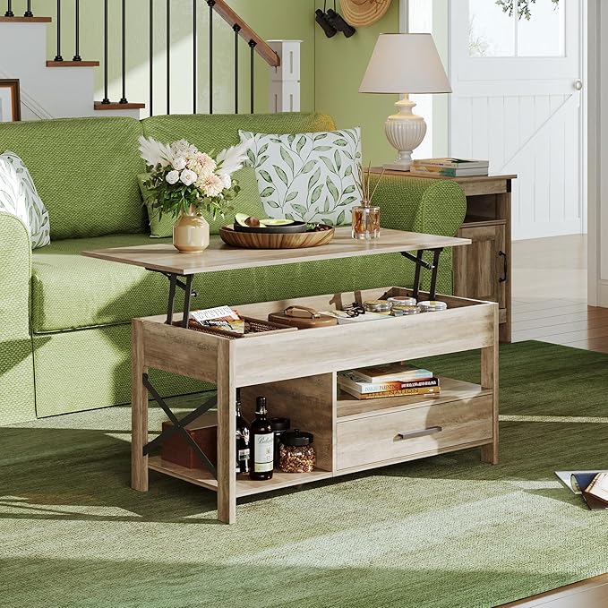 WLIVE Lift Top Coffee Table, 39" Coffee Table with Storage Drawers, Hidden Compartment, Wooden Lift Tabletop Center Table for Living Room, Home, Grey