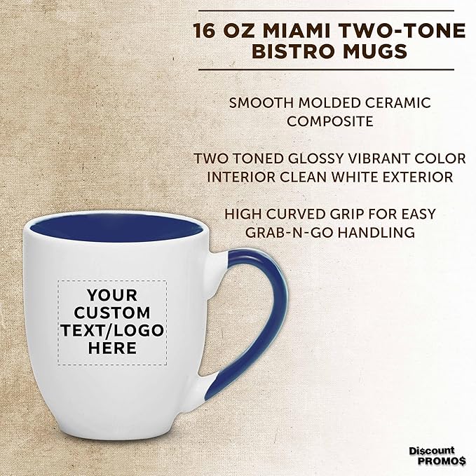 Custom Bistro Style Large Coffee Mugs 16 oz. Set of 10/50/100, Personalized Bulk Pack - Perfect for Coffee, Tea, Espresso, Hot Cocoa, Other Beverages - Cobalt Blue
