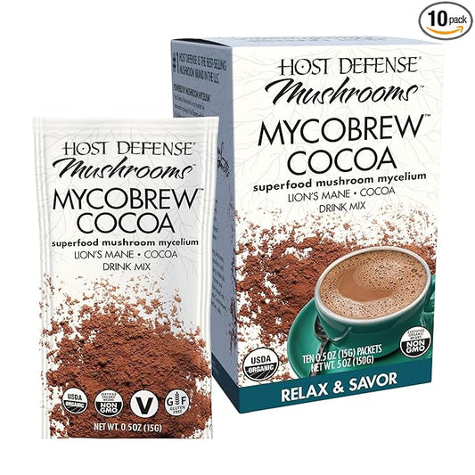 Host Defense MycoBrew Cocoa - Cocoa Drink Mix Includes Lion's Mane Mushroom Powder - Superfood Powder Drink Mix with Fair Trade Certified Chocolate - 10 Packets (10 Servings)