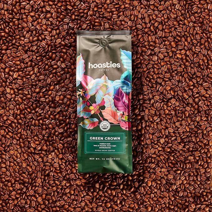 Hoasties Coffee Green Crown - Medium Roast Whole Bean Organic Coffee, Made with 100% Colombian Arabica Coffee Beans, 16 ounces