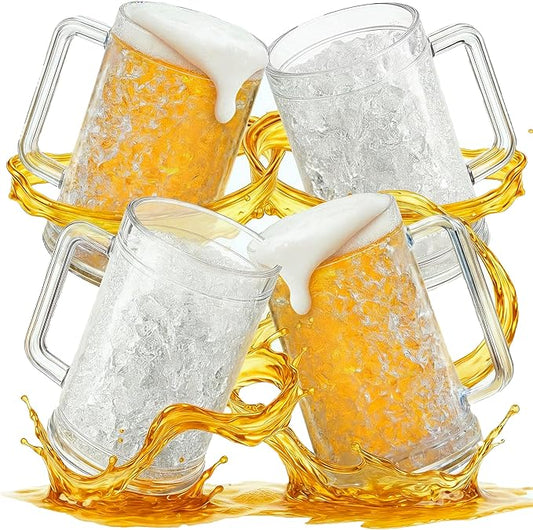 Freezer Beer Mugs Set of 4, 16 oz Double Wall Gel Mugs for Freezer, Acrylic Plastic Beer Stein with Handle, Ice Cold Glasses for Men, BBQ, & Pool Parties (Clear)