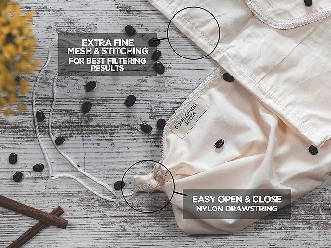 (1-Pack, Large 12in x 12in) Organic Cotton Cold Brew Coffee Bag - Designed in California - Reusable Coffee Filter with EasyOpen Drawstring Cold Brew Maker for Pitchers, Mason Jars, & Toddy Systems