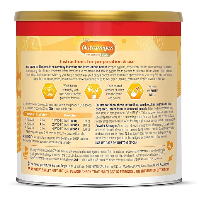 Enfamil Nutramigen Hypoallergenic Baby Formula with Iron, Lactose Free, Colic Relief from Cow's Milk Allergy Starts in 24 Hours, Brain Building DHA, Probiotic LGG for Immune Support, 19.8 Oz Can