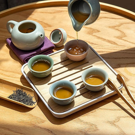 Ceramic Kungfu Tea Sets 12 Piece,Mini Protable Travel Tea Set With Tea Pot, 4x Tea Cups, Bamboo Tea Tray, Tea Canister, Travel Bag |Asian Tea Set Suitable for Office, Picnic, Home, BusinessTrip