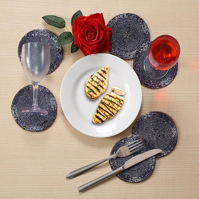 Handmade Beaded Wire Coaster Set of 6-4 Inch Round Coasters, Elegant Beautiful Stylish Decorative Drink Coaster Perfect for Home, Office, Christmas, & Everyday Use - Navy Luster