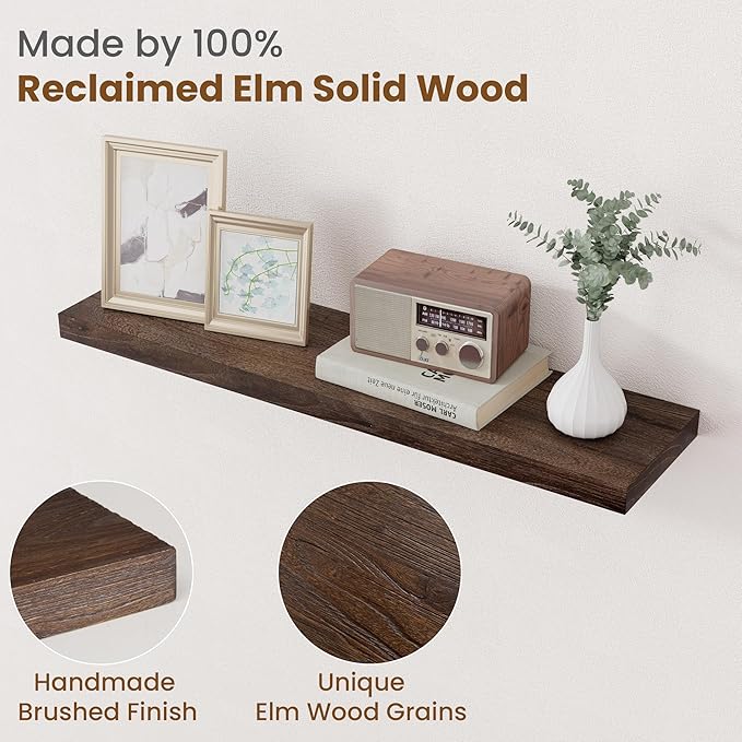 Floating Shelves for Wall Decor, 8 Inch Deep Rustic Solid Elm Wood Floating Shelves Wall Mounted, Wall Shelves with Invisible Bracket for Living Room Bathroom Bedroom Kitchen, 32 Inch Set of 2, Walnut