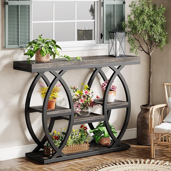 Tribesigns 39.4" Console Table, Industrial 4-Tier Sofa Table Entryway Table with Storage Shelves, Narrow Wood Accent Tables with Metal Frame for Small Spaces, Hallway, Foyer, Black Brown