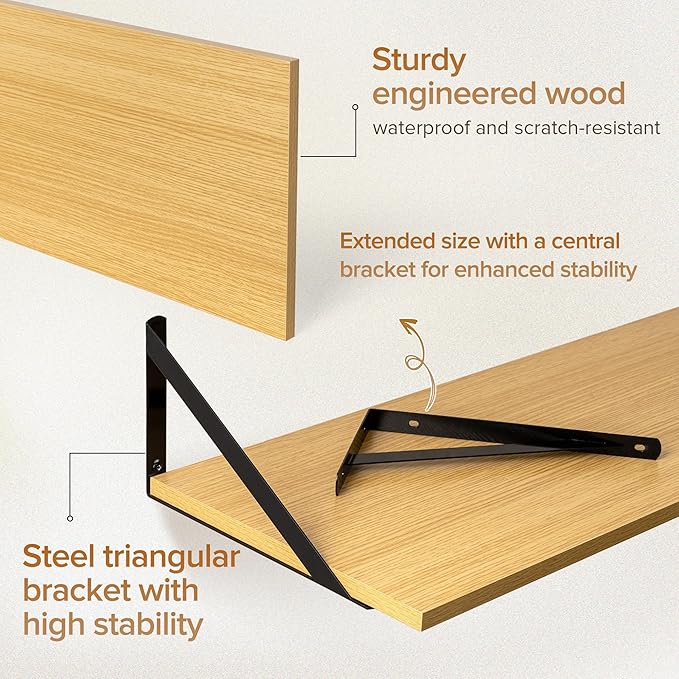 Deep Floating Shelves Wall Mounted, 48"x12" Oak Wall Shelves with Brackets Set of 2 for Bedroom, Living Room, Bathroom, Kitchen, Office - Storage & Display Shelf for Decor, Books, Plants