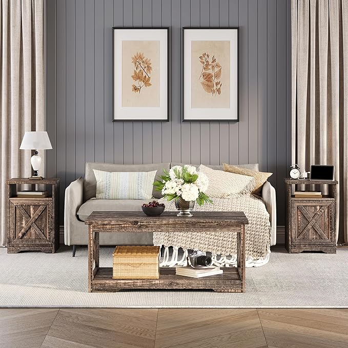 3-Piece Farmhouse Living Room Table Sets, Includes 1 x Coffee Table, 2 x End Tables with Charging Station & USB Ports, Rustic Coffee Table Set of 3, Black Oak