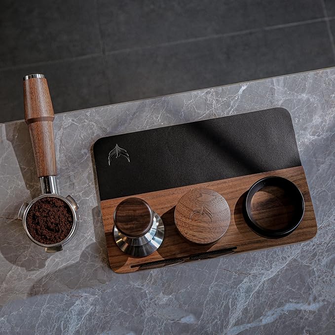 KNODOS 54mm Espresso Accessory Set For Breville Machines Includes Walnut & Leather Tamping Mat, Calibrated Tamper & Distributor, Dosing Funnel & Puck Screen, Bottomless Portafilter