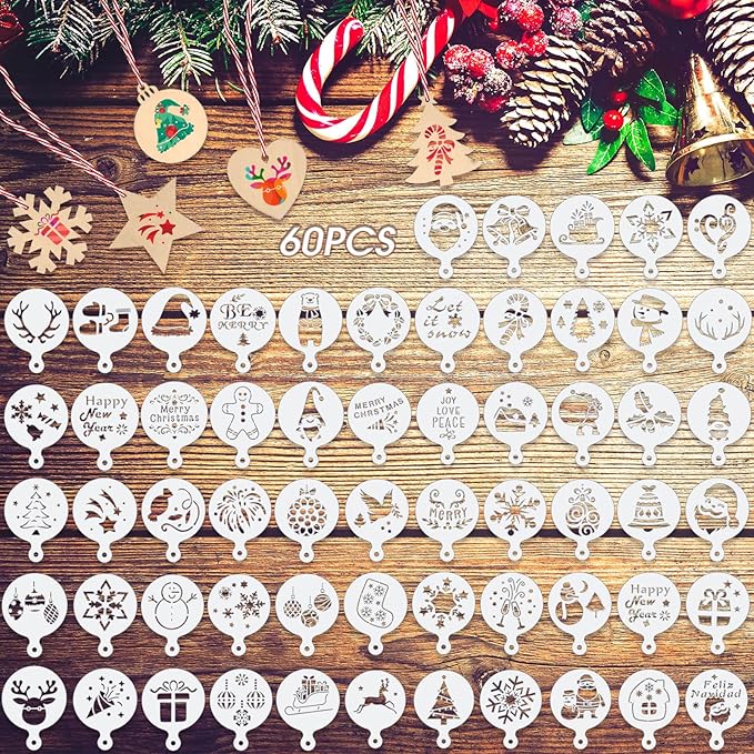 Honeydak 60 Pcs Christmas Stencils Crafts Reusable for Painting on Wood Coffee Cake Stencils Small 3.4X 2.6 inch for Holiday Ornament DIY(Snowman Style)