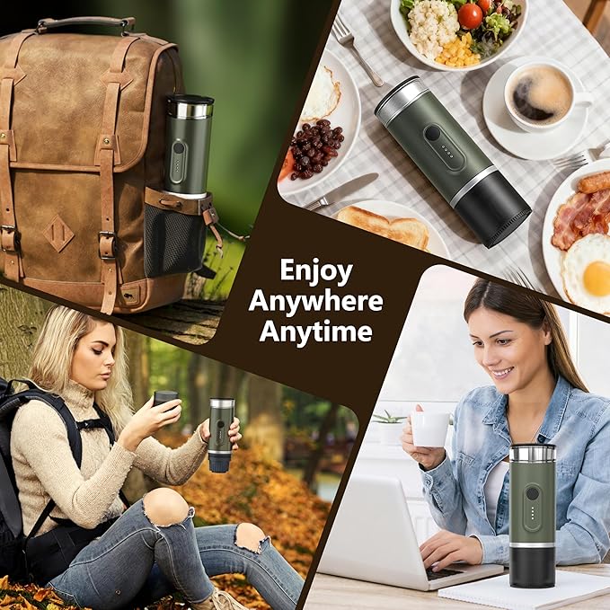 Portable Electric Espresso Machine, Self-Heating Travel Coffee Maker with USB-C, Compatible with Ground Coffee & NS Capsules, Ideal for Camping, Car, RV, Hiking & Office (Army Green)