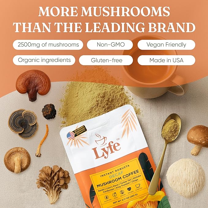 LYFE Organic Instant Decaf Mushroom Coffee, 40 Servings – Lion’s Mane, Chaga, Cordyceps & Turkey Tail | Adaptogenic Blend for Energy, Focus & Wellness | Natural Superfood Coffee for Daily Vitality