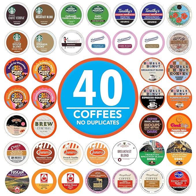 Crazy Cups Coffee Pods Variety Pack Sampler from Top Brands, Assorted Single Serve for Keurig K Cups Coffee Makers, 40 Unique Cups