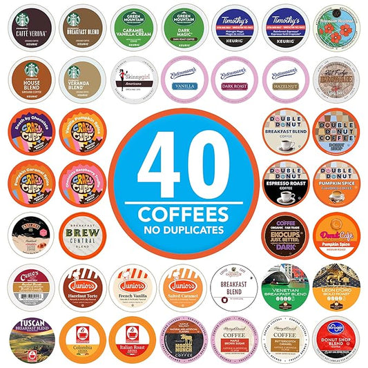 Crazy Cups Coffee Pods Variety Pack Sampler from Top Brands, Assorted Single Serve for Keurig K Cups Coffee Makers, 40 Unique Cups