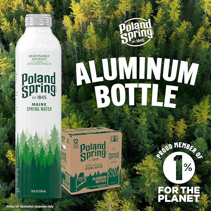 Poland Spring Maine Spring Water Aluminum Bottle – Crisp, Still Bottled Water with Naturally Occurring Minerals & Electrolytes for Taste - 12 Pack- 25 fl oz