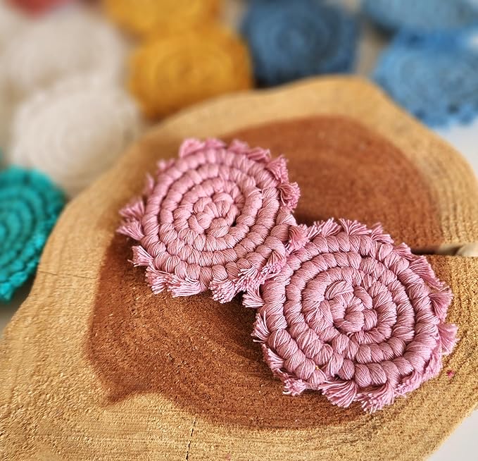Cotton Car Coasters for Cup Holders, 2PC Car Cup Coasters, Drink Coaster Holder, Cute cupholder Coaster Accessories for Women, Macrame, Boho(Champagne Pink)