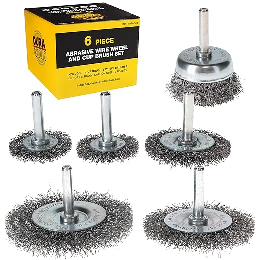 Dura-Gold 6-Piece Abrasive Wire Wheel and Cup Brush Set, 1/4" Drill Shank, Carbon Steel Bristles - 1 Cup & 5 Wheel Brushes - Surface Prep Grinding, Stripping Metal, Clean Remove Rust Corrosion, Paint