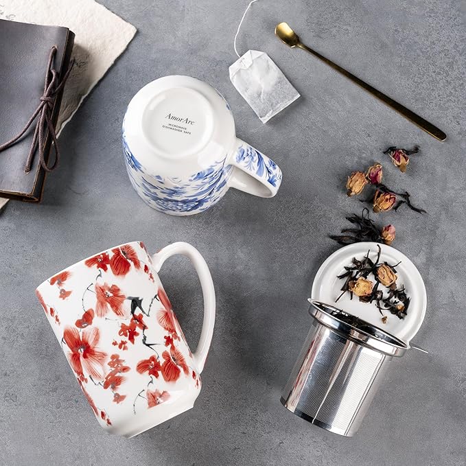 AmorArc Porcelain Tea Mug with Infuser and Lids, 18 Oz Coffee Cup Strainer with Bag Holder for Loose Leaf Tea, Steeping Coffee Mug for House-warming Wedding Birthday Gift