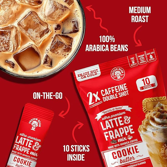 The Frozen Bean Cookie Butter Frappe & Latte Instant Mix (10 Sticks), Made with Arabica Coffee, Double Shot Caffeine, Low Sugar & Premium Ingredients, Hot, Iced, or Blended Drinks