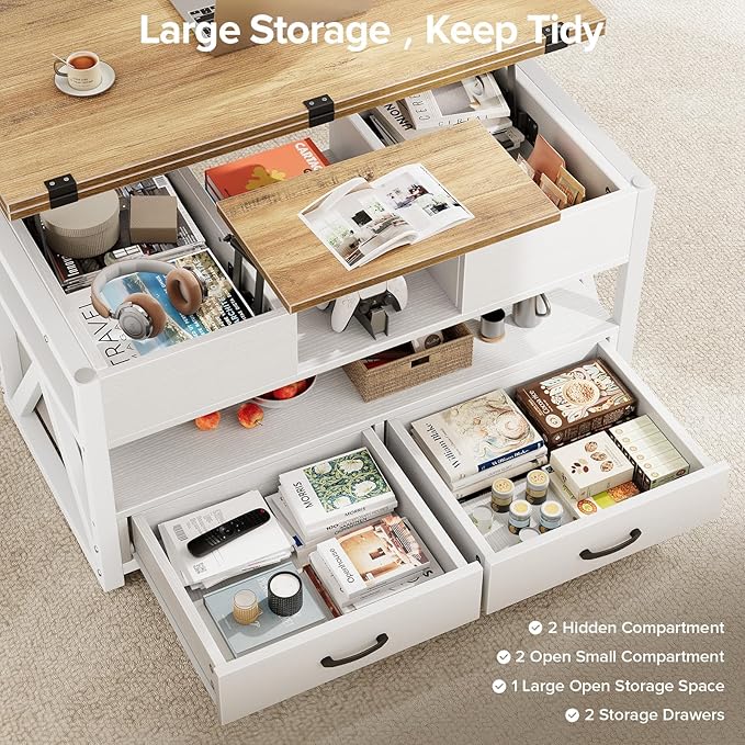 40" Lift Top Coffee Table,4 in 1 Multi-Function Lift Coffee Tables with Storage Drawers and Hidden Compartmen,Farmhouse Coffee Table with Lifting top for Living Room, White+Brown