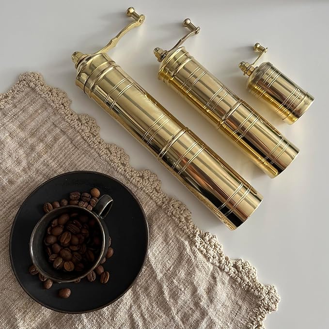 Set of Three Turkish Manual Coffee Grinders, Brass Coffee Mill with Handle, Fixed Top Pepper Grinder, Kitchen Decor