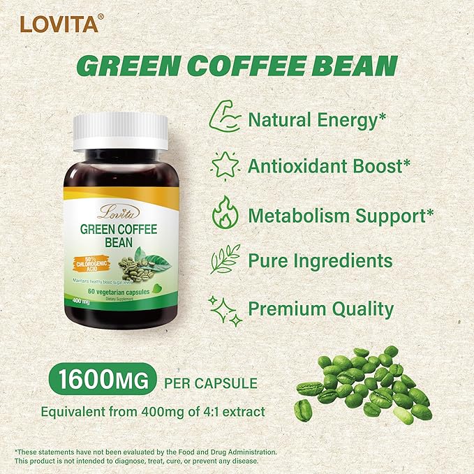 Lovita Green Coffee Bean Extract, 50% Chlorogenic Acid for Metabolism, Energy & Weight Management, 800 mg per Day, Vegan, Non-GMO, Gluten-Free, Natural Antioxidant Supplement, 180 Capsules