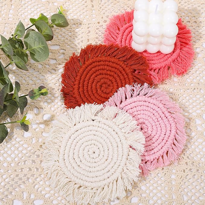 Whaline Boho Macrame Coasters Set of 4 Handmade Red Pink White Woven Coaster for Drinks Bohemian Cup Mat with Tassel for Kinds of Mugs and Cups Coffee Home Kitchen Office Wooden Table Decor