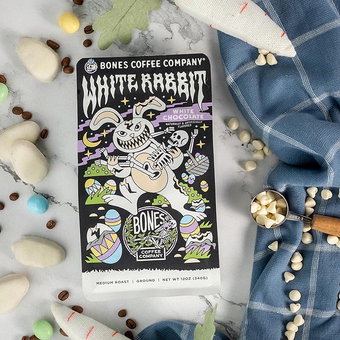 Bones Coffee Company White Rabbit, White Chocolate Flavored Coffee, Medium Roast Low Acid Arabica Beans Compatible with Auto drip and French Press Coffee Maker, 12 Oz Whole Bean