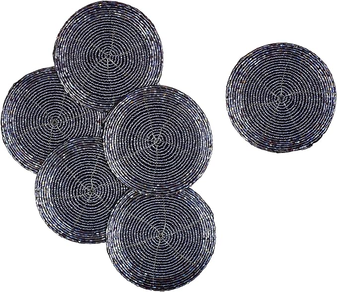 Handmade Beaded Wire Coaster Set of 6-4 Inch Round Coasters, Elegant Beautiful Stylish Decorative Drink Coaster Perfect for Home, Office, Christmas, & Everyday Use - Navy Luster