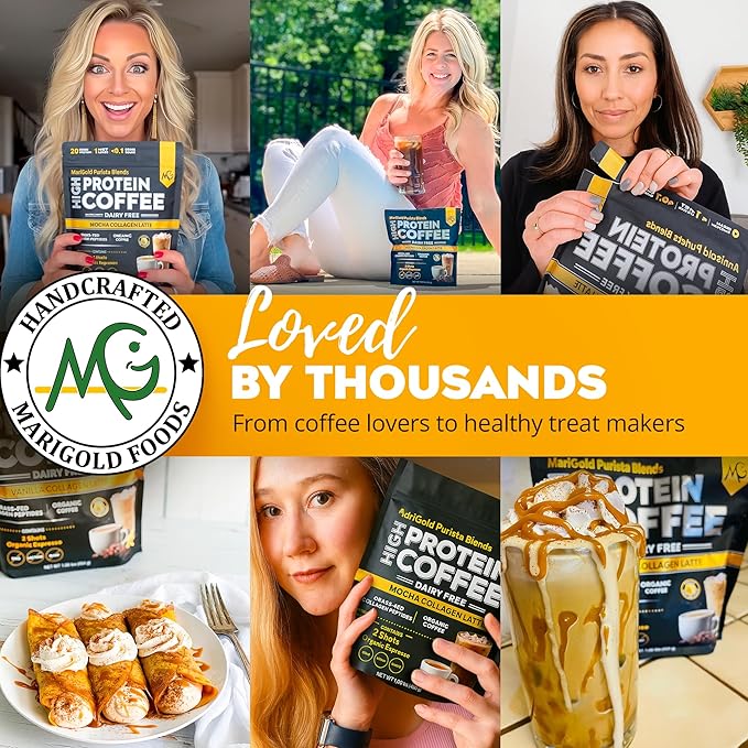 MariGold High Protein Collagen Coffee - Mocha Collagen Latte, Dairy Free, 20g Grass-Fed Type I & III Collagen Peptides, Energy Boost, 2 Shots Organic Espresso, Non-GMO, 1 Lb Bag, 15 Servings