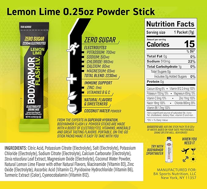BODYARMOR Flash IV Electrolyte Packets, Lemon Lime - Zero Sugar Drink Mix, Single Serve Packs, Coconut Water Powder (6 Count) (Pack of 2)