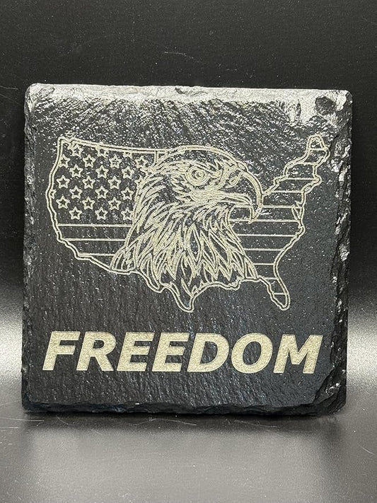 American Flag Bald Eagle Freedom Slate Coasters, Set of 4, Black Natural Stone Drink Coasters