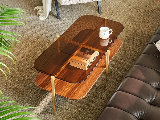 Shrine Oval Glass Coffee Table, Mid-Century Modern Design, Two-Tier Walnut MDF Rounded Corner Table, 41" D x 21" W x 17" H, Sleek Conical Metal Legs with Gold Finish