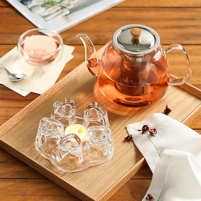 CNGLASS Glass Teapot with Infuser(37.5oz),Clear Tea Kettle with Removable Stainless Steel Strainer,Stovetop Safe Glass Teapot for Blooming and Loose Leaf Tea