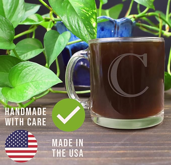 Etched Monogram 12oz Clear Glass Coffee Mug (Letter C), A-Z Customized Gifts for Coffee Lovers, Custom Engraved Gifts for Women Her, Personalized Gift for Men, Initial