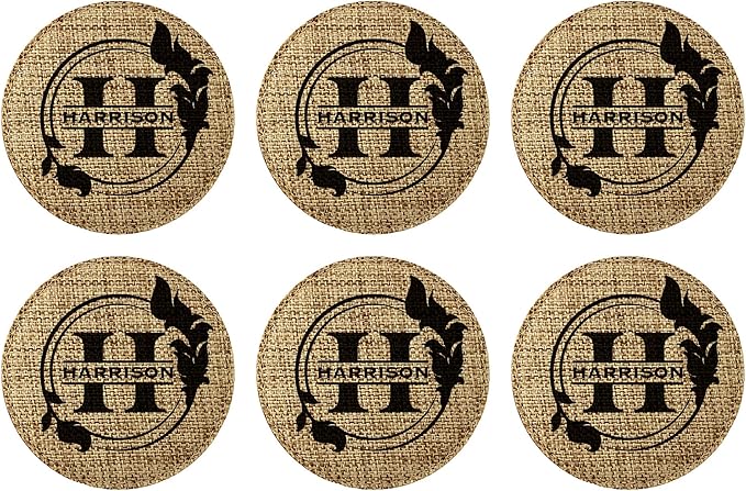 Smile Art Design Family Custom Monogram Coaster Set of 6 with Base Round Burlap Material Family Name and Date Personalized Prints Personalized Gifts House Warming Wedding Gift Rustic Decor Style1