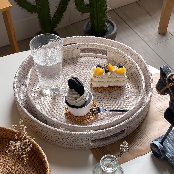 2 Pack Round Rattan Tray, Hand Woven Serving Tray with Handles, Wicker Serving Basket, Decorative Tray for Home Decor, Whitewash (11.8 + 14 inch)